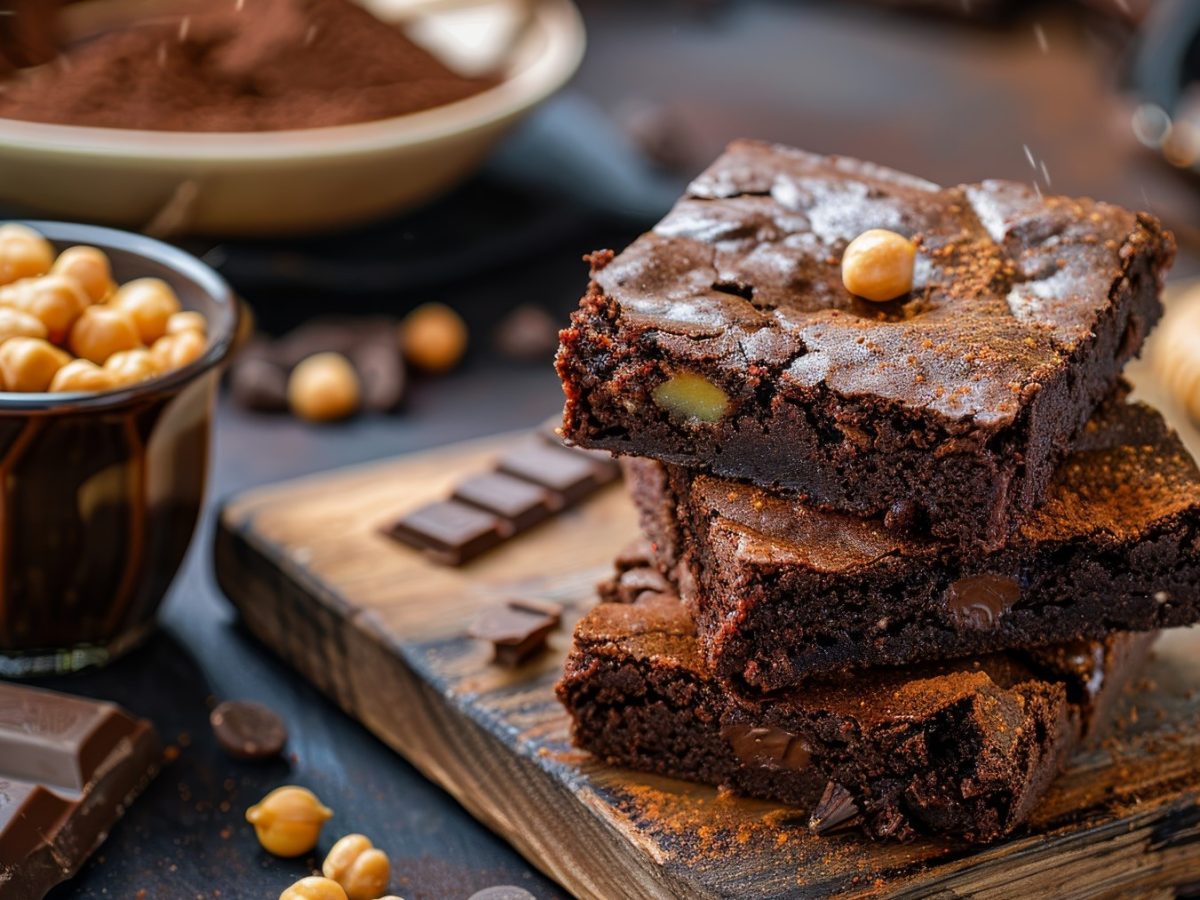 Brownies mit Kichererbsen auf einem hölzernen Brett auf dunklem Hintergrund. Links ein Schälchen mit Kichererbsen und Schokolade.