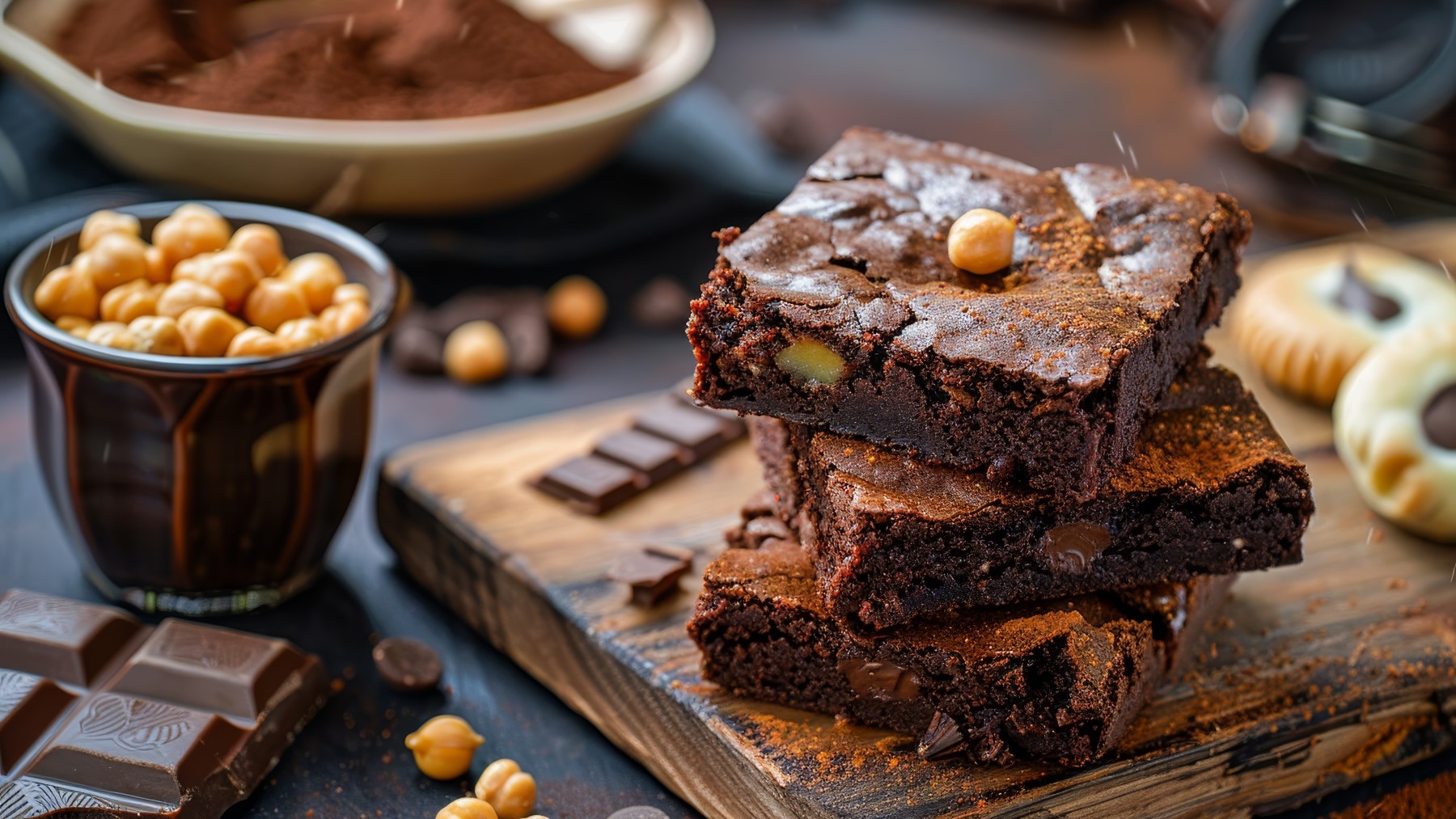 Brownies mit Kichererbsen auf einem hölzernen Brett auf dunklem Hintergrund. Links ein Schälchen mit Kichererbsen und Schokolade.