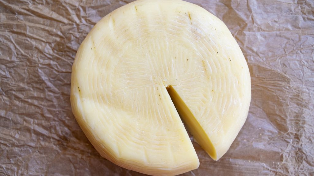 Ein rad pecorino sardo von oben fotografiert.