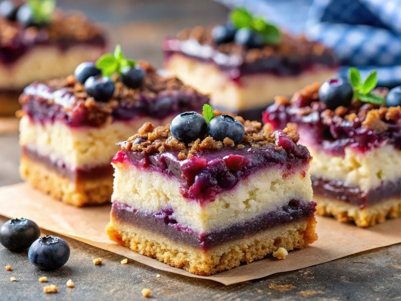 Glutenfreier Blaubeer-Streuselkuchen auf Backpapier auf dunklem Hintergrund.