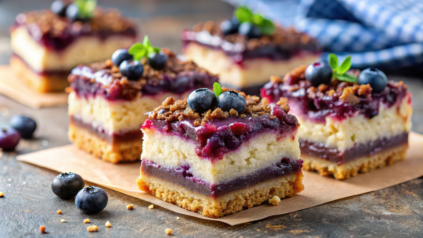 Glutenfreier Blaubeer-Streuselkuchen auf Backpapier auf dunklem Hintergrund.