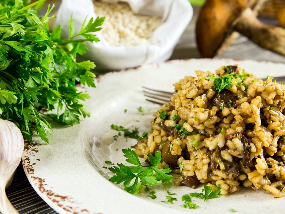 Frontal, leicht schräg von oben: Ein weißer Teller Risotto mit Waldpilzen. Daneben liegen eine Knoblauchknolle und ein Bund frische Petersilie. Im Hintergrund sind frische Pilze.