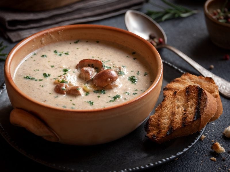 Draufsicht: Eine selbstgemachte Steinpilzsuppe aus frischen Pilzen in einer runden und rustikalen Suppenschale. Die steht auf einer dunklen Oberfläche aus Holz. Daneben liegen geröstete Brotscheiben und ein silberner Suppenlöffel.