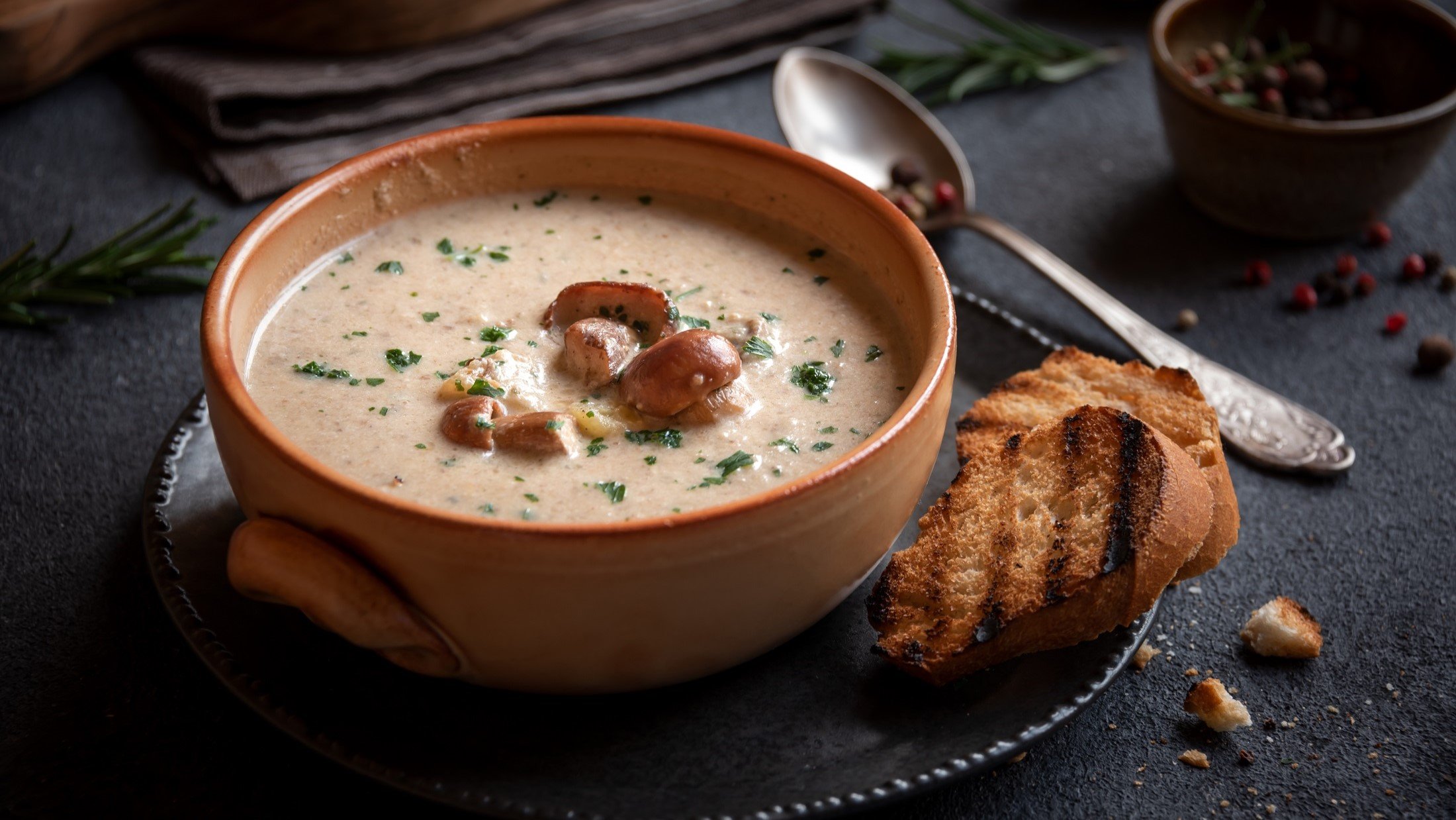 Draufsicht: Eine selbstgemachte Steinpilzsuppe aus frischen Pilzen in einer runden und rustikalen Suppenschale. Die steht auf einer dunklen Oberfläche aus Holz. Daneben liegen geröstete Brotscheiben und ein silberner Suppenlöffel.