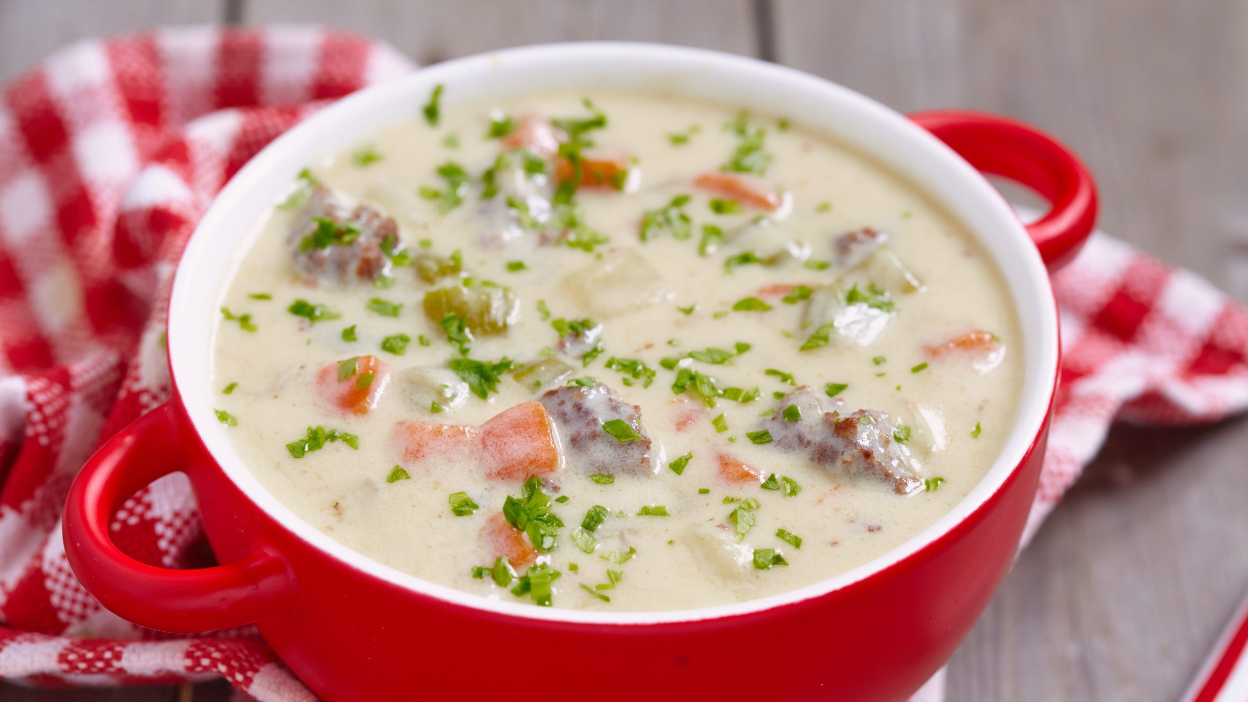 Eine cremige Suppe mit Hackfleisch, Karotten, Sellerie und Petersilie wird in einer roten Schale serviert, umgeben von kariertem Tuch.