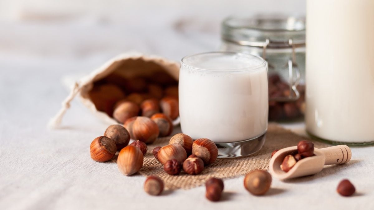 Glas mit Haselnussmilch von vorne fotografiert, daneben ungeschälte Haselnüsse sowie eine Flasche mit besagter Milch.