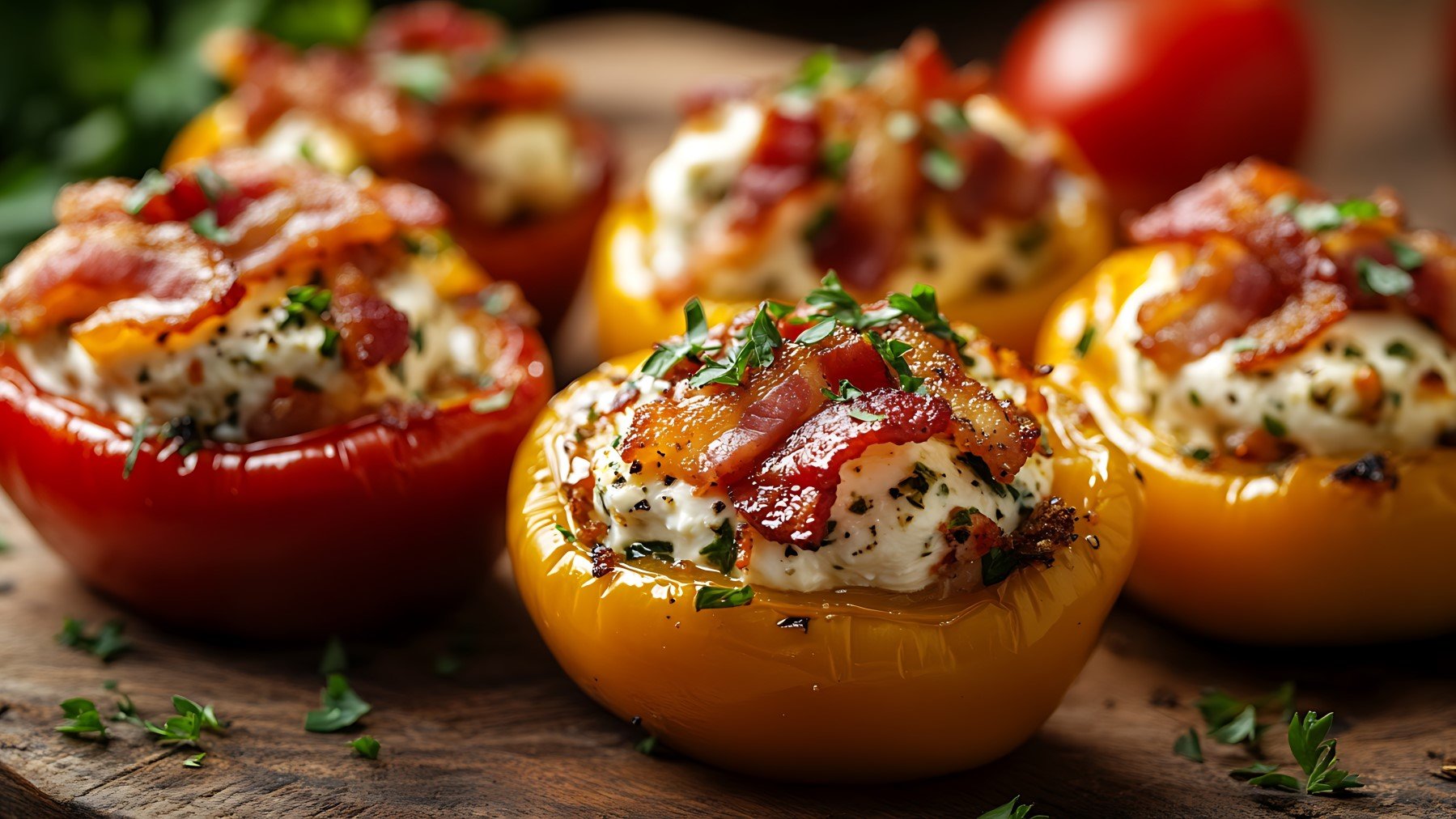 Paprika mit Feta-Füllung auf hölzernem Hintergrund.