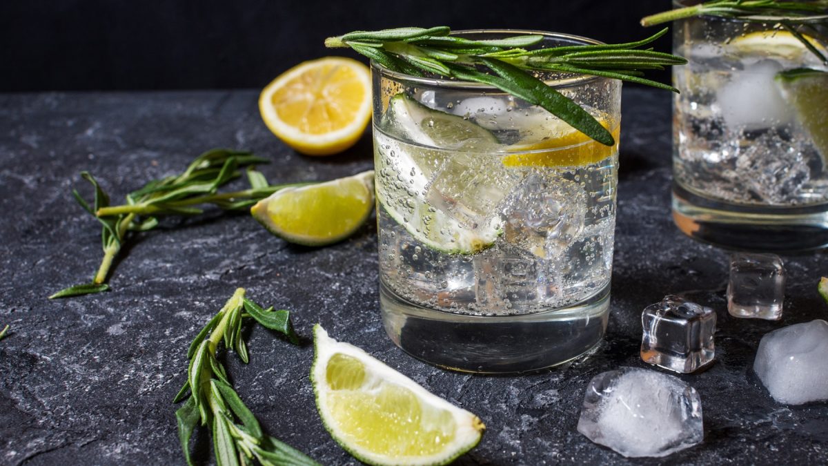 Zwei Gläser Gin Tonic mit Eis, Zitronen- und Limettenstücken, umgeben von Rosmarin und Eiswürfeln auf dunkler Steinfläche.