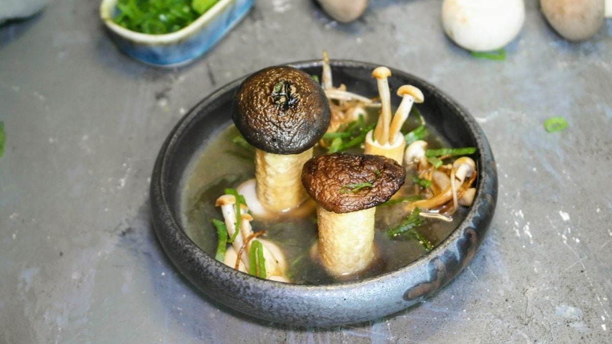 Eine graue Schale mit der Pilzsuppe auf steinernem Untergrund von schräg oben fotografiert. Dahinter Frühlingslauch und ungeschnittene Pilze zu erkennen.